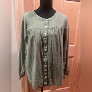 LOFT Women’s Boho Sage Green Textured Flowy Long Sleeve Cotton Blouse Peasant L